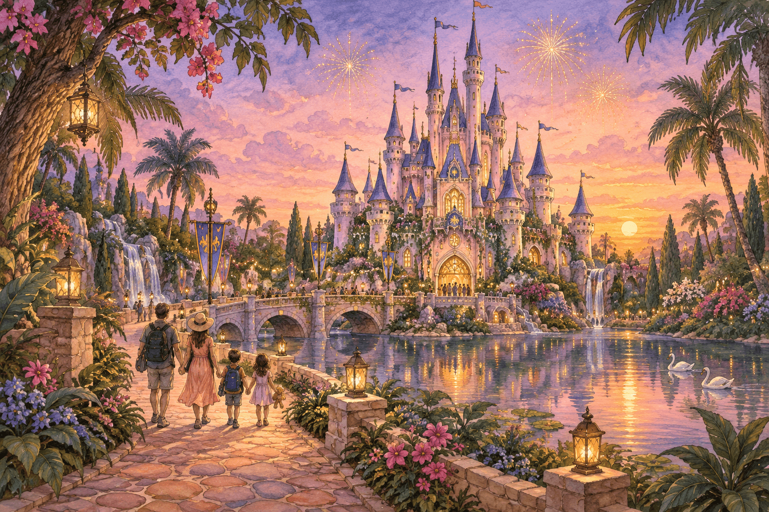 Ilustração original: uma família caminha em direção a um castelo de sonho, entre flores, um lago e fogos no céu pastel